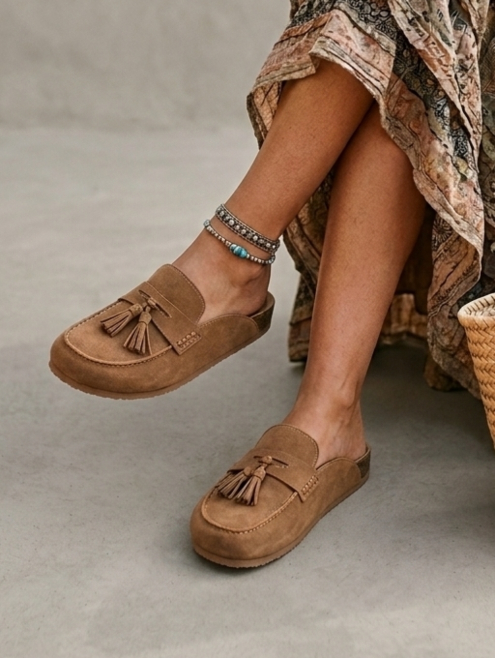 Women’s Brown Suede Tassel Mule Loafers Backless Slip-On Slides NEW
